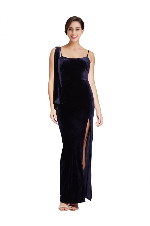 Sheath Square Neck Stretch Velvet Long Dark Navy Formal Evening Gown / Prom Dress / Bridesmaid Dress Barrie