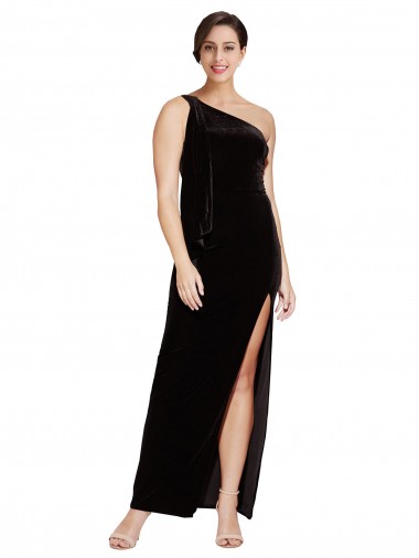 Sheath One Shoulder Stretch Velvet Long Black Formal Evening Gown / Prom Dress / Bridesmaid Dress Barrie