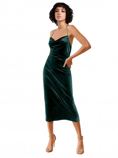 Sheath Cowl Neck Stretch Velvet Midi Length Dark Green Formal Dress / Bridesmaid Dress Barrie