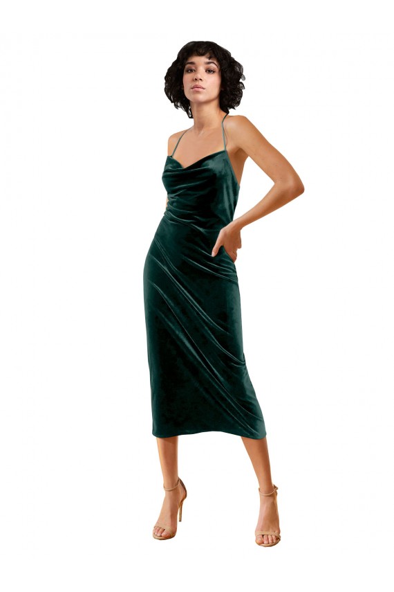Sheath Cowl Neck Stretch Velvet Midi Length Dark Green Formal Dress / Bridesmaid Dress Barrie