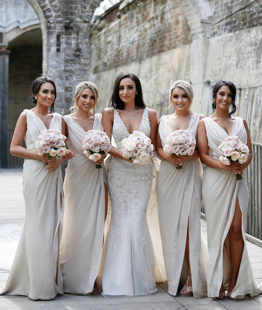 Full Length Luxe Chiffon Long Champagne bridesmaid dresses Barrie with Sexy High Slit and Front Ruffles