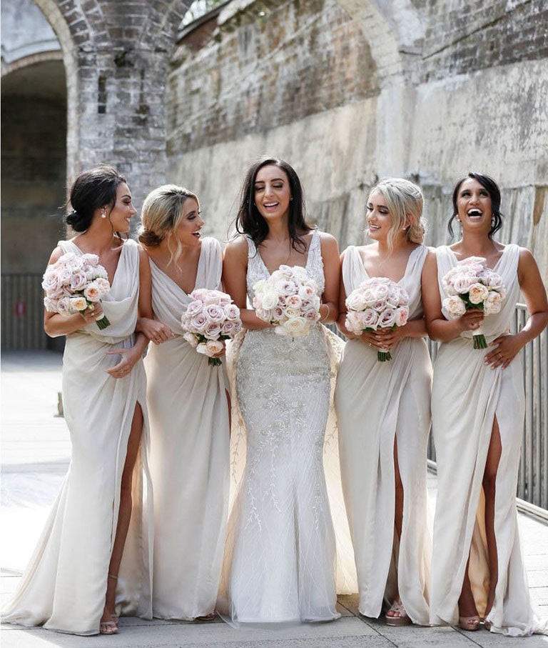Full Length Luxe Chiffon Long Champagne bridesmaid dresses Barrie with Sexy High Slit and Front Ruffles