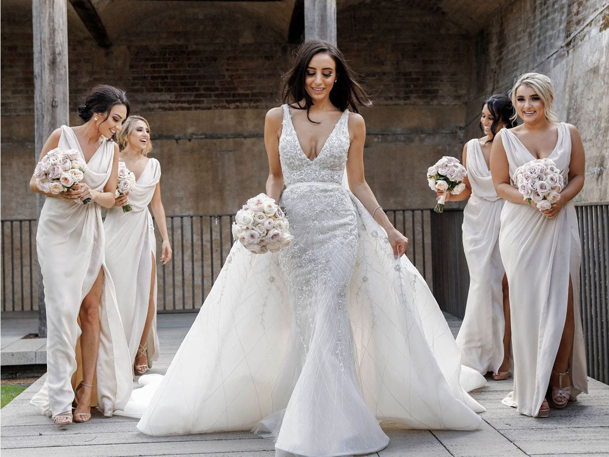 Full Length Luxe Chiffon Long Champagne bridesmaid dresses Barrie with Sexy High Slit and Front Ruffles