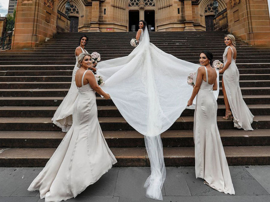 Full Length Luxe Chiffon Long Champagne bridesmaid dresses Barrie with Sexy High Slit and Front Ruffles