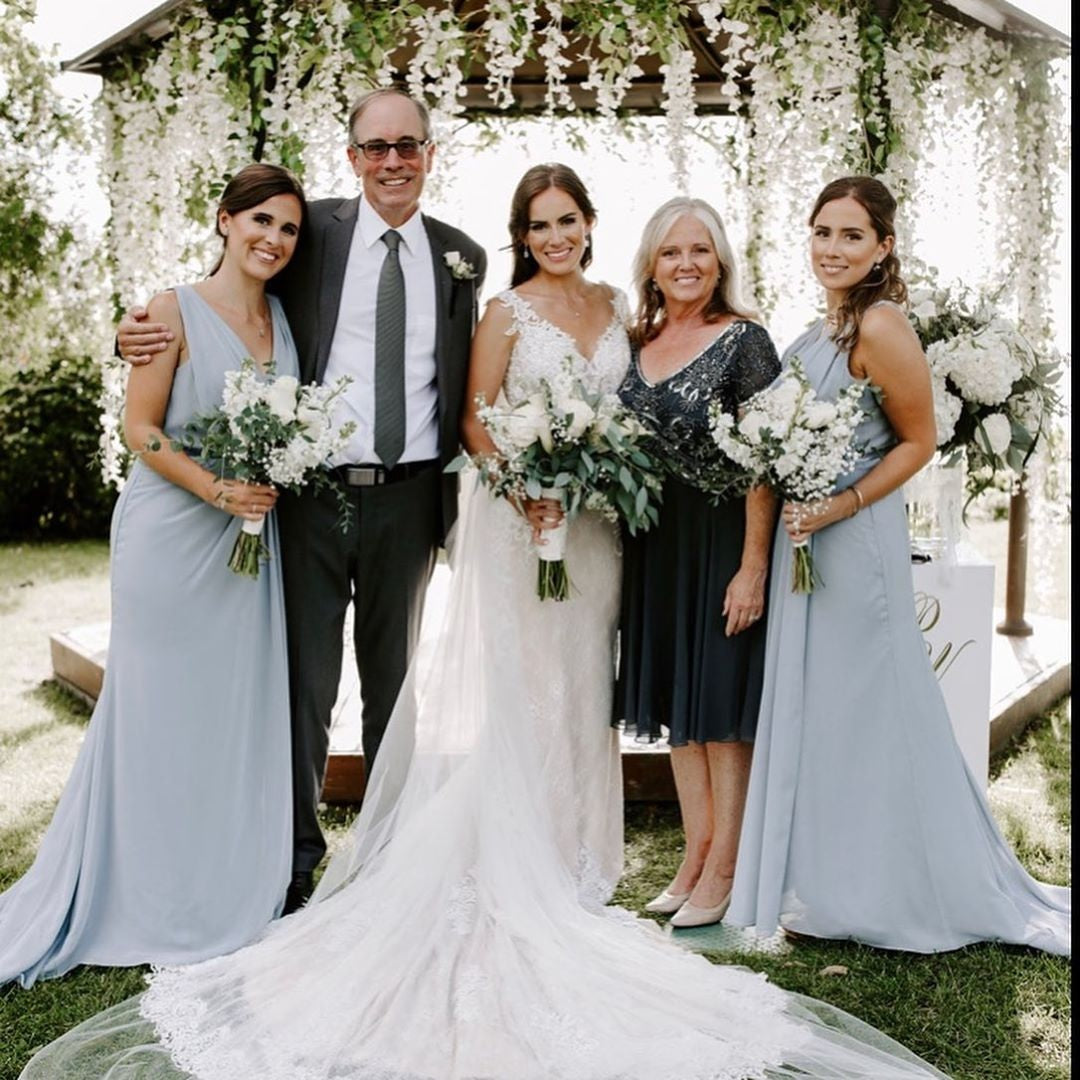 Dusty Blue Full Length Luxe Chiffon Long Champagne bridesmaid dresses Barrie with Sexy High Slit and Front Ruffles