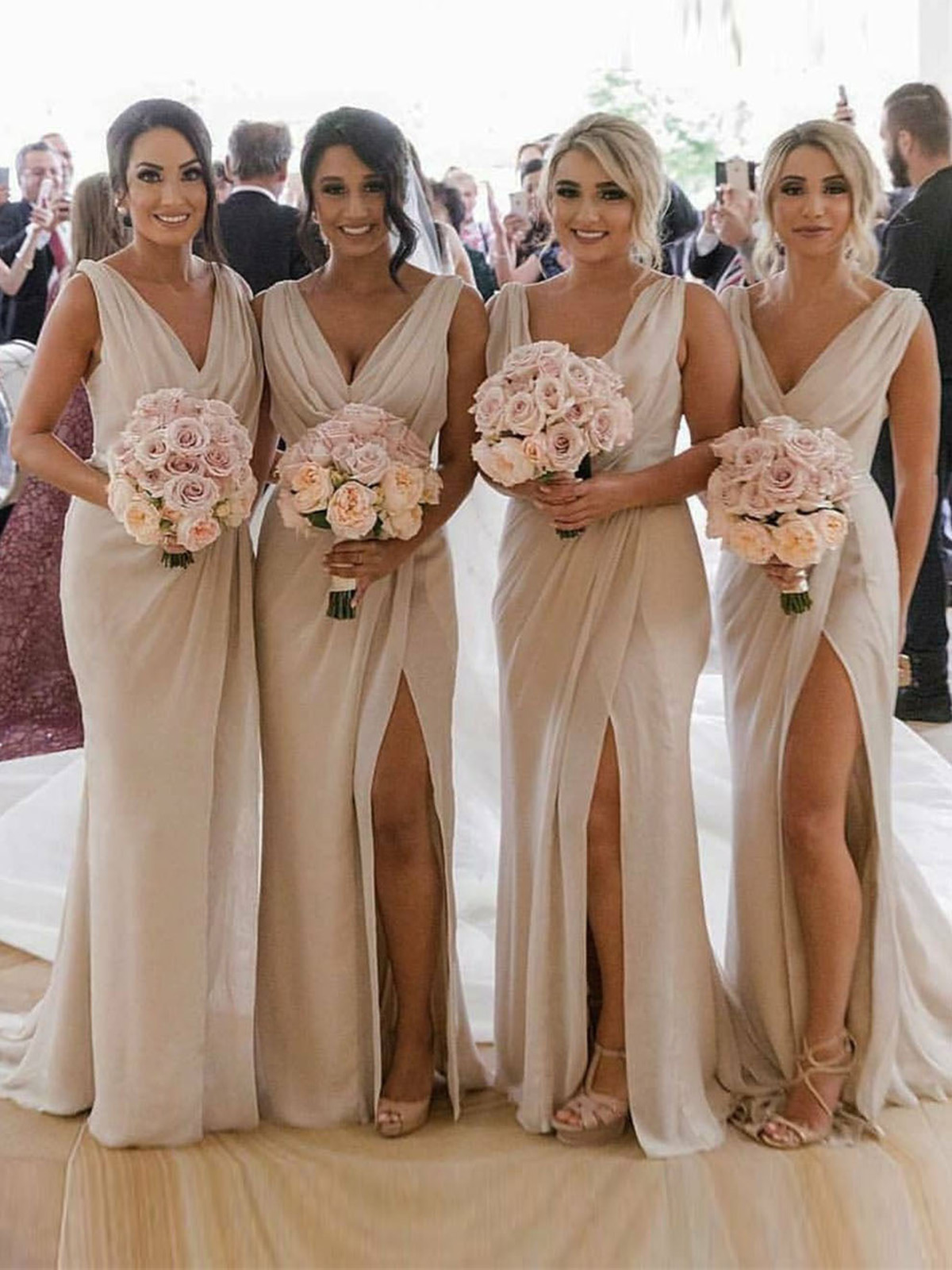 Champagne Full Length Luxe Chiffon Long Champagne bridesmaid dresses Barrie with Sexy High Slit and Front Ruffles
